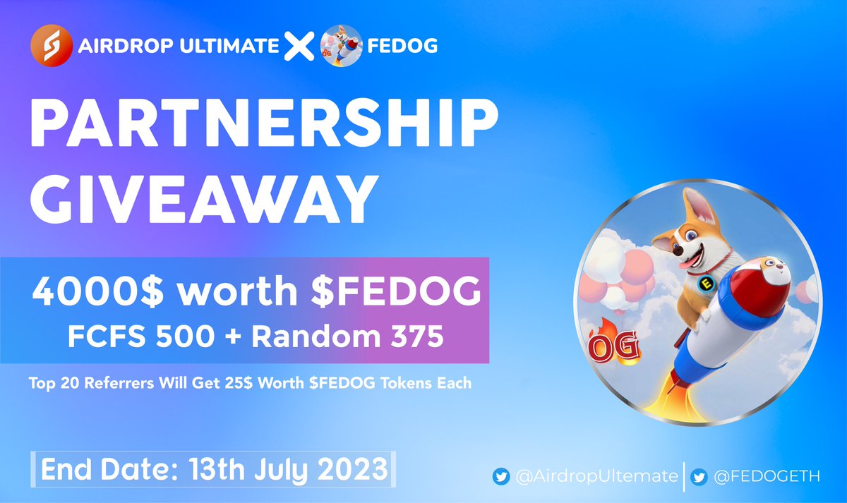 AirdropUltemate's tweet photo. 🥳 FEDOG X Airdrop Ultimate #Giveaway 

🏆 Prize Pool «» 4,000$ worth $FEDOG

✅ Follow @AirdropUltemate &amp;
@FEDOGETH 
✅ Like, RT &amp; Tag 3 Friends
✅ Complete #Gleam⤵️
https://t.co/RS5PWLkuz9

⏳ Ends 13th July

#Airdrop #FEDOG #Giveaway #Crypto #ETH #FCFS https://t.co/oP8vvVP0qW