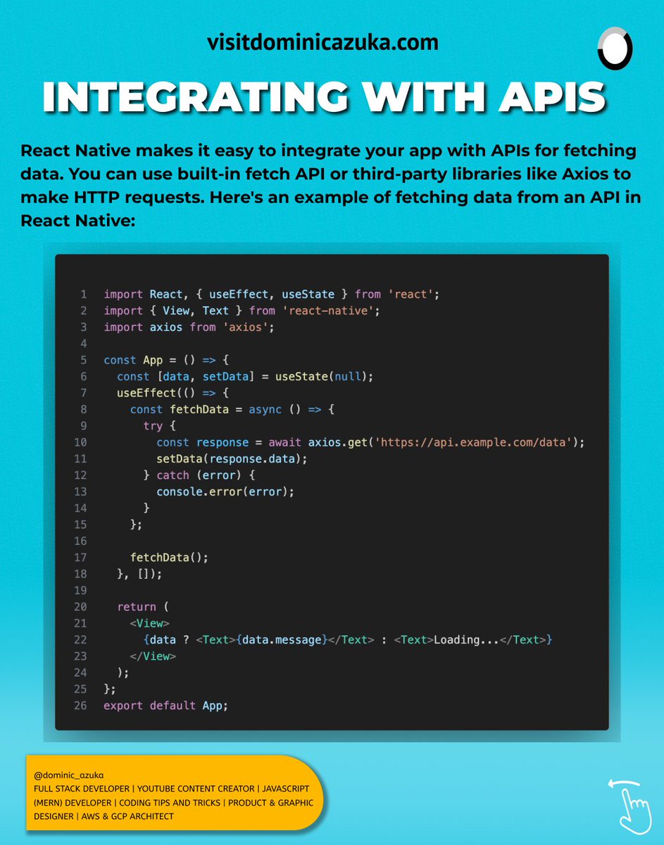 dominic_azuka's tweet image. APIs, here I come! 🌐 Integrate your app with external APIs effortlessly. Fetching and handling data has never been smoother. #ReactNative #APIIntegration #FetchData #AppDevelopment
