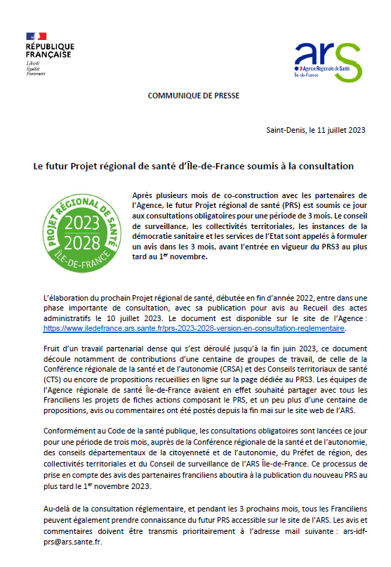 ARS_IDF's tweet photo. Communiqué de presse📰
Après plusieurs mois de co-construction avec les partenaires de l’Agence, le futur Projet régional de santé (PRS) est soumis ce jour aux consultations obligatoires pour 3 mois
👉https://t.co/d3zDMRqZVW https://t.co/a3rGrL0dlo