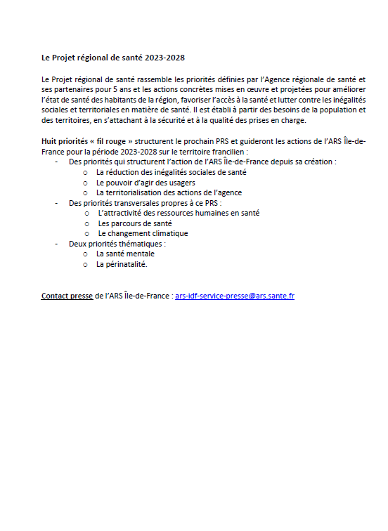 Communiqué de presse📰
Après plusieurs mois de co-construction avec les partenaires de l’Agence, le futur Projet régional de santé (PRS) est soumis ce jour aux consultations obligatoires pour 3 mois
👉bit.ly/3NHae6i