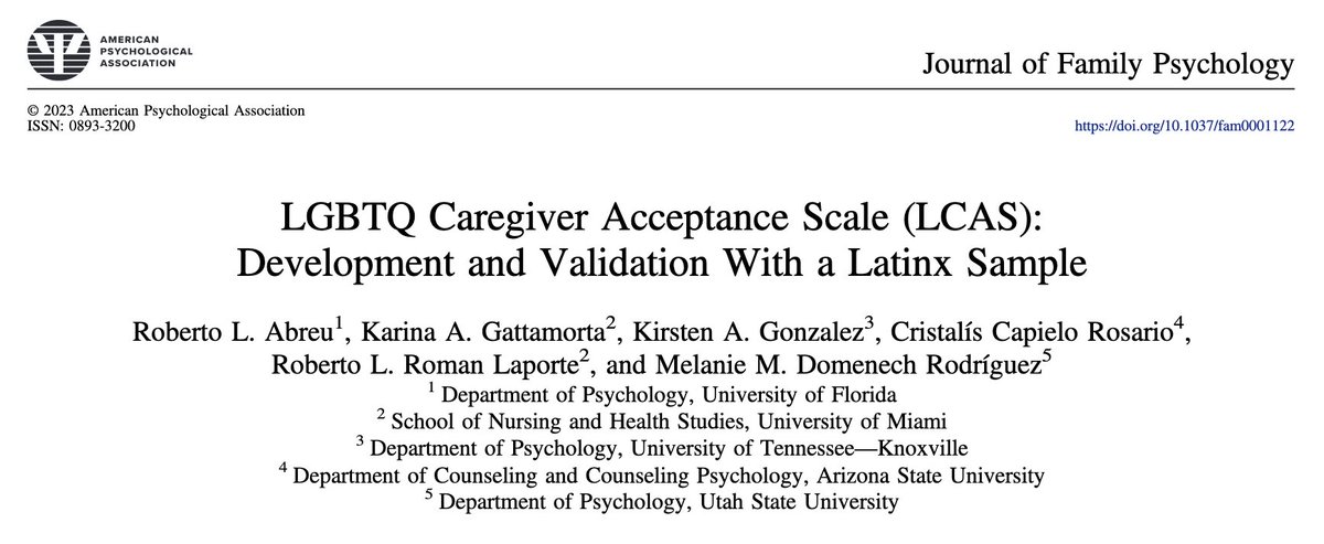 📢New Publication!🥳 This one is special! I have been working for years to understand the different Latinx cultural factors that play a role in Latinx caregivers' acceptance of their LGBTQ child/family member! Now we have a scale that captures it! 

Link:psycnet.apa.org/record/2023-84…