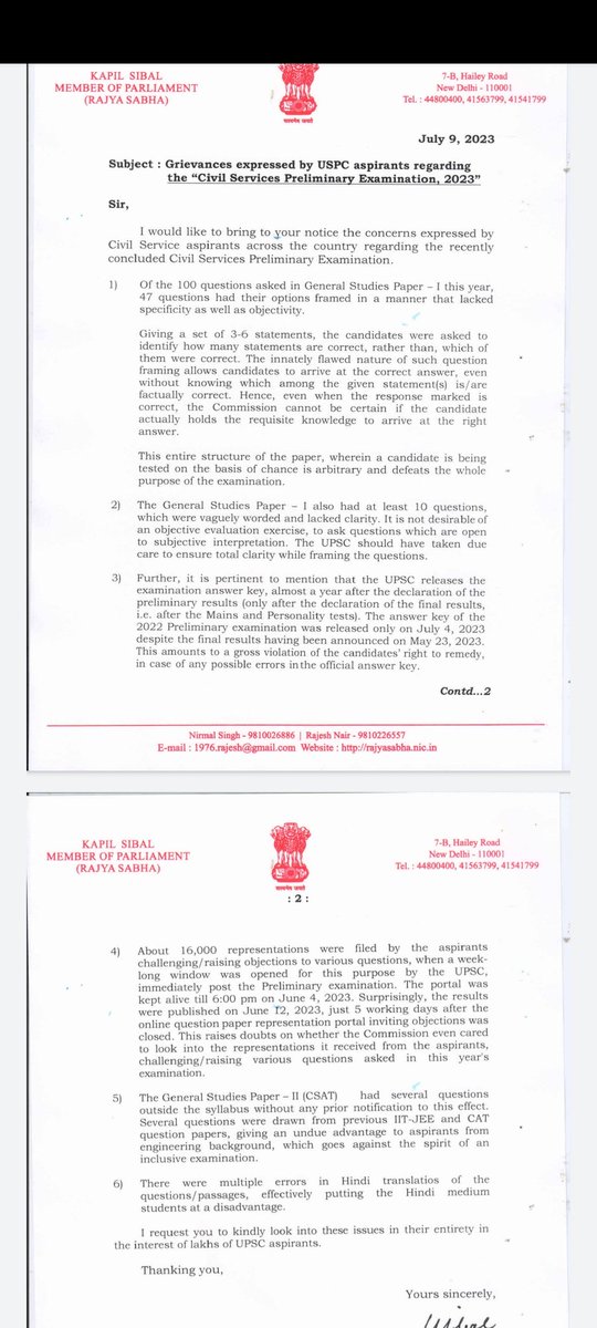 UnfairGS1's tweet photo. Veteran lawyer &amp; Hon'ble Rajya Sabha MP @KapilSibal ji has written letter to PM Modi regarding  irregularities in GS1 &amp; CSAT of  UPSC Prelims 2023. It is one of the first letters written by him in his official capacity to our honorable PM. THANK U sir🙏@KapilSibal 
@UnfairPrelims https://t.co/Y4kIYLKCkV
