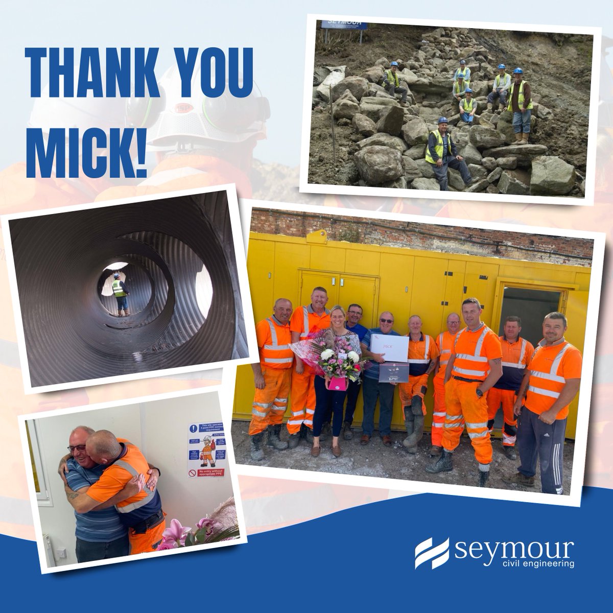 Seymour CEC (@seymourcec) on Twitter photo Farewell, Mick Mair!Β π
 
After 34 incredible years with #TeamSeymour, Mick Mair, one of our Site Managers, is taking off his hard hat and bidding us farewell.
 
We extend a massive thank you to Mick for his dedication and commitment to Seymour. We wish you the very best, Mick!π€ Farewell, Mick Mair!Β π
 
After 34 incredible years with #TeamSeymour, Mick Mair, one of our Site Managers, is taking off his hard hat and bidding us farewell.
 
We extend a massive thank you to Mick for his dedication and commitment to Seymour. We wish you the very best, Mick!π€