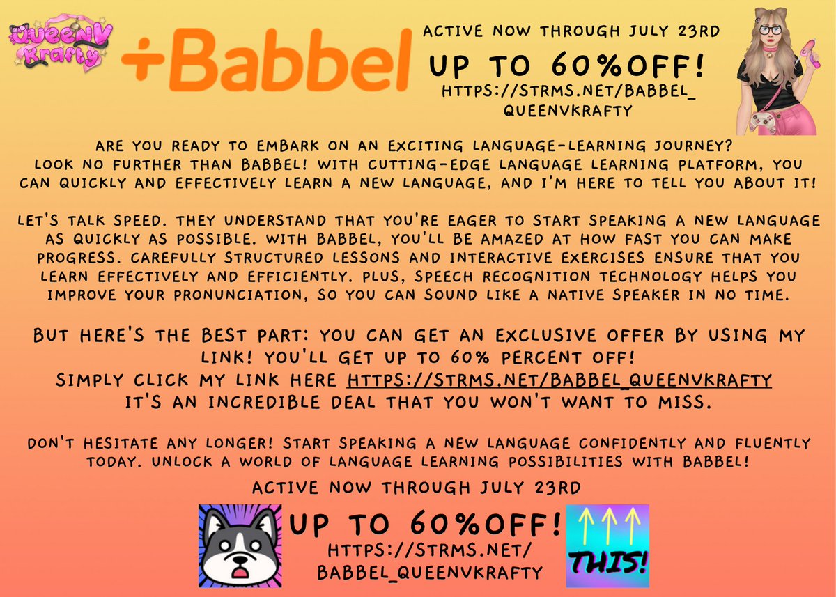QueenVKrafty's tweet photo. I'm fortunate enough to have been given the opportunity to have a Sponsorship with Babbel! If you've been thinking about trying to learn a new language...cant beat 60% off :) just use my linkie.
https://t.co/jQ8ySdbtqO
#learningnewlanguage #sponsorship #SupportSmallStreamers https://t.co/4eRJq26dfx