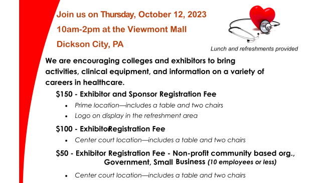 NE_AHEC's tweet photo. Register today to be an exhibitor and sponsor for our Annual Healthcare Career &amp; College Exploration event, Thursday, October 12th at the Viewmont Mall from 10am-2pm.  https://t.co/TbH3Rjccwq
#nepaahec #NTIEC #healthcareer #careerfair https://t.co/QDBKP02LBq