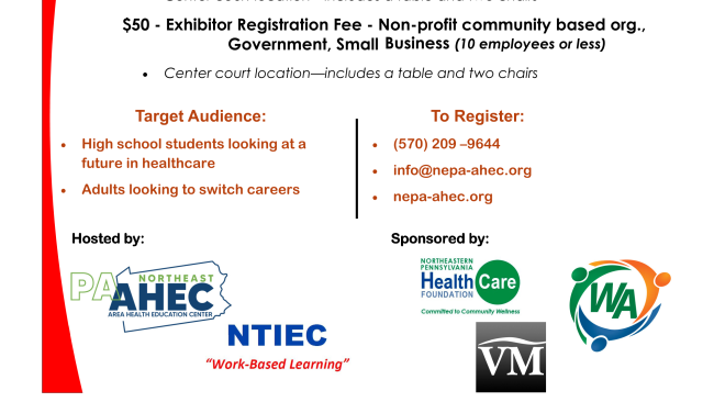 NE_AHEC's tweet photo. Register today to be an exhibitor and sponsor for our Annual Healthcare Career &amp; College Exploration event, Thursday, October 12th at the Viewmont Mall from 10am-2pm.  https://t.co/TbH3Rjccwq
#nepaahec #NTIEC #healthcareer #careerfair https://t.co/QDBKP02LBq