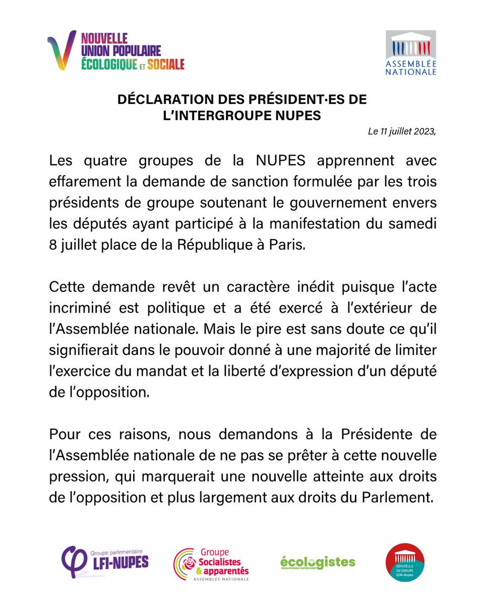 🔴 Les 3 groupes soutenant le gouvernement ont demandé une sanction envers les députés présents à la manifestation du 8 juillet. La NUPES demande à @YaelBRAUNPIVET de ne pas se prêter à cette nouvelle pression, qui marquerait une nouvelle atteinte aux droits de l’opposition. ⤵️