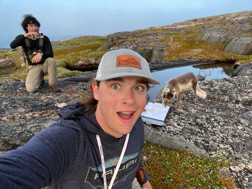 BattleHarbour's tweet photo. University of Miami geology students Alex and Zach with a new twist on ”My dog ate my homework.” “The arctic fox ate my homework!” #iceberg #icebergfinder #newfoundlandandlabrador #newfoundland #icebergalley #BattleHarbour #staycationNL #explorenlr #explorecanada #cbcnl #NTVNews https://t.co/EFImpdwwHQ