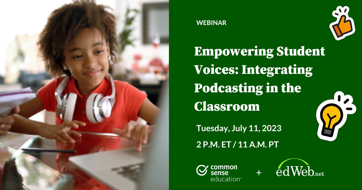 CommonSenseEd's tweet image. Discover the power of podcasts in education! 🎧 Join our @edwebnet webinar to explore creative ways of utilizing podcasts for learning and empowering MS/HS students to create and showcase their own podcasts. Don&apos;t miss out! 

Register now: home.edweb.net/webinar/common… 

#CommonSensePD