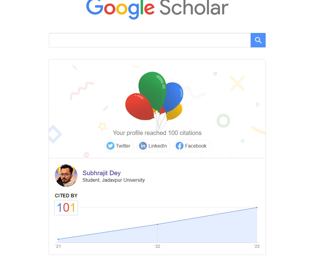 subhrajit608's tweet photo. Thrilled to announce that my research work has now reached the milestone of #100Citations on Google Scholar! Grateful to the academic community for engaging with my studies. https://t.co/JrAc7wN1Fu