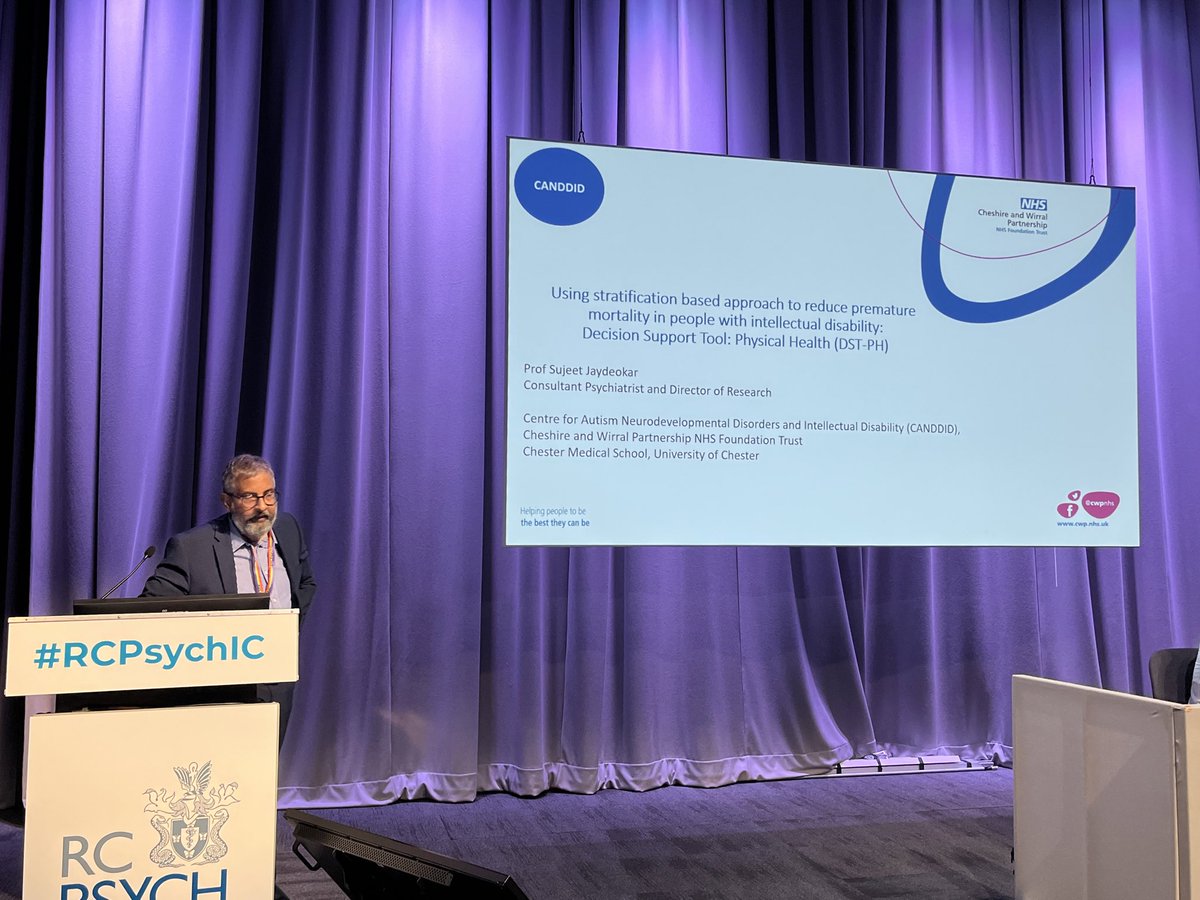 rcpsych's tweet photo. Next up in this session at #RCPsychIC is Professor Sujeet Jaydeokar (@SujeetJaydeokar).
His talk title is ‘Decision Support Tool (DST-PH) to reduce premature mortality in people with intellectual (learning) disability- a novel mechanism for stratifying needs’ https://t.co/rSYTlMXRSl