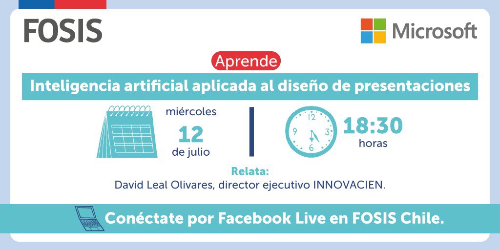 ¿Te imaginas armar presentaciones más creativas en Power Point utilizando herramientas de inteligencia artificial (IA)? 🤯

Conéctate a la charla y aprende sobre esto en el Facebook Live 💻 que se transmitirá a través de la fanpage de FOSIS Chile. ¡No necesitas inscribirte! 👌