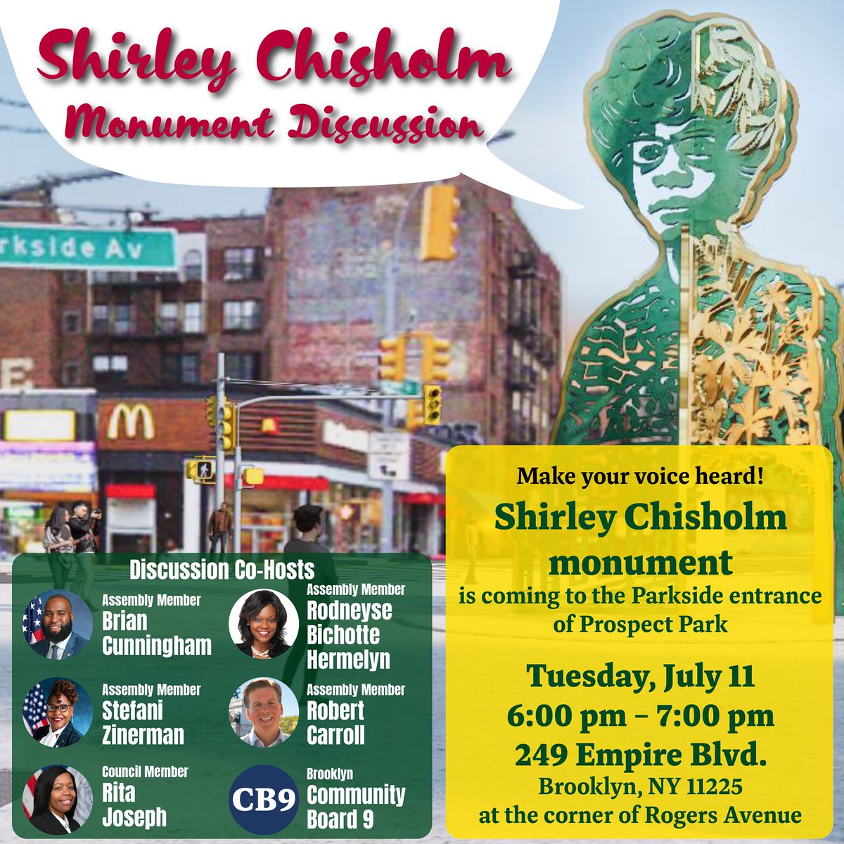 Rodneyse Bichotte Hermelyn (@ambichotte) on Twitter photo A #ShirleyChisholm monument is coming to Prospect Park and we want to hear your thoughts!
At 6pm today, join <a href="/NYAMCunningham/">Assembly Member Brian Cunningham</a>, <a href="/Zinermanfor56Ad/">Stefani L. Zinerman</a>, <a href="/RitaJosephNYC/">Rita Joseph</a>, <a href="/Bobby4Brooklyn/">Assemblymember Robert Carroll</a>, <a href="/Bklyn_CB9/">Bklyn CB9</a> & I for a community discussion on honoring #Brooklyn's "unbought & unbossed" hero. A #ShirleyChisholm monument is coming to Prospect Park and we want to hear your thoughts!
At 6pm today, join <a href="/NYAMCunningham/">Assembly Member Brian Cunningham</a>, <a href="/Zinermanfor56Ad/">Stefani L. Zinerman</a>, <a href="/RitaJosephNYC/">Rita Joseph</a>, <a href="/Bobby4Brooklyn/">Assemblymember Robert Carroll</a>, <a href="/Bklyn_CB9/">Bklyn CB9</a> & I for a community discussion on honoring #Brooklyn's "unbought & unbossed" hero.