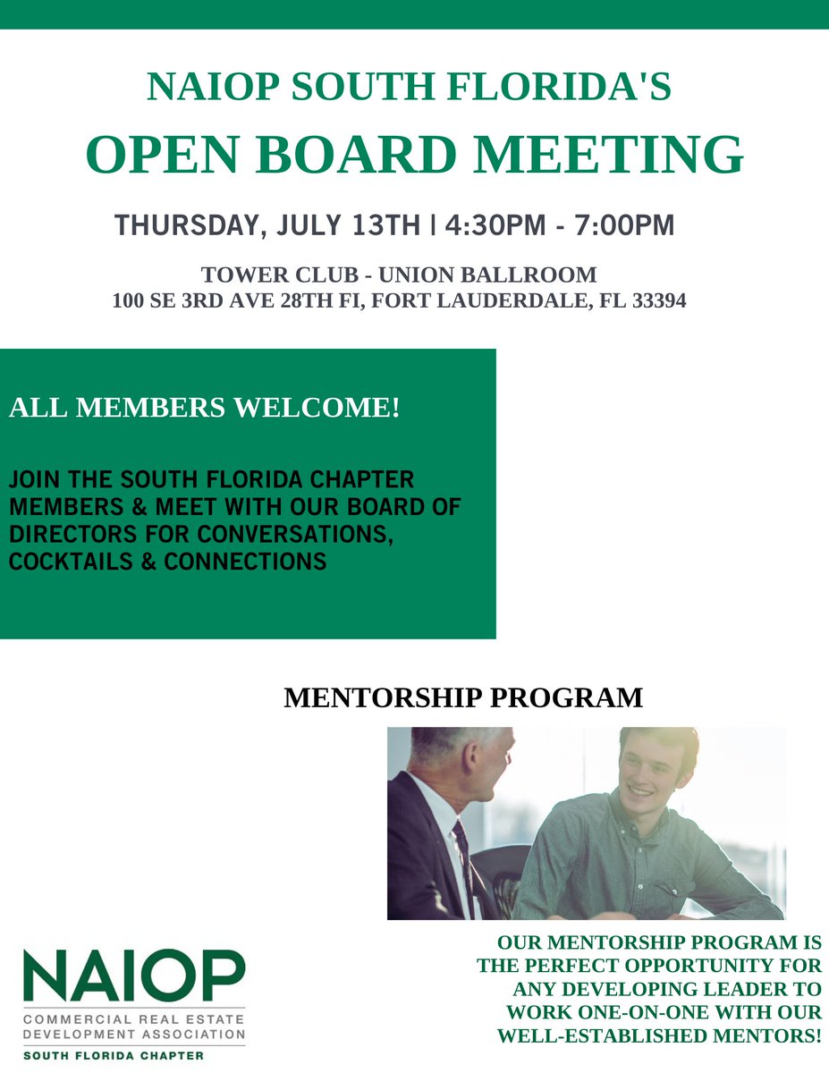 Today is the FINAL DAY to register for the Open Board Meeting this Thursday, July 13th. 

You won't want to miss this complimentary, member-only event at the Tower Club!

Register: members.naiopsfl.org/ap/Events/Regi…