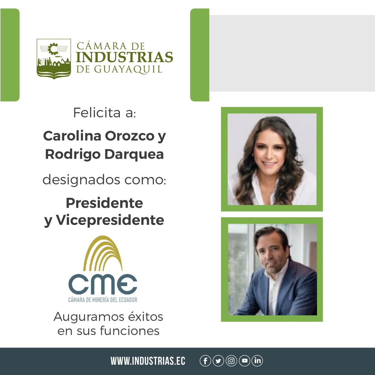 Felicidades a  Carolina Orozco designada como la nueva presidente del Directorio de la 
<a href="/mineriaecuador/">Cámara de Minería del Ecuador</a>, junto a Rodrigo Darquea como vicepresidente.🇪🇨

Muchos éxitos en sus nuevas funciones. 👏🏻