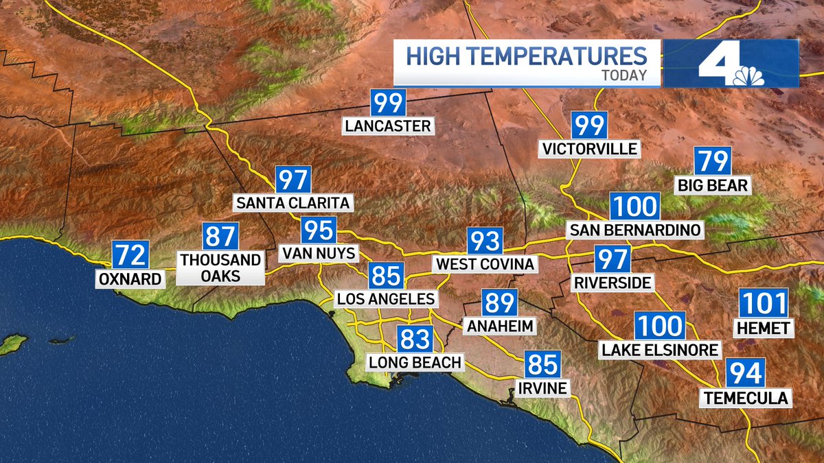 The heat is on! 🥵 Highs Tuesday away from the coast will be in the 90s and 100s with the hottest days expected to be Friday through Monday. 🧵 1/3