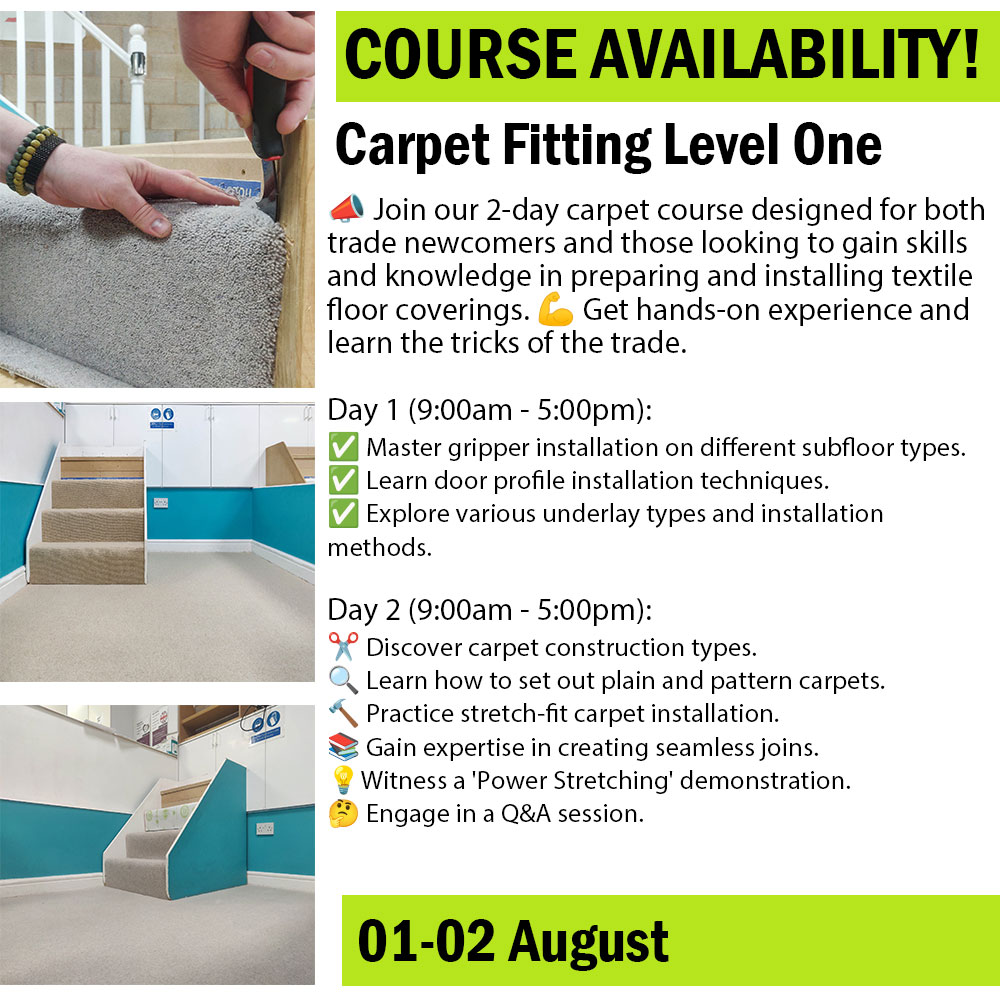 We have availability on our Carpet Fitting Level One Course running 1st - 2nd August. Click the link below to find out more information and to book onto. floorskills.co.uk/.../carpet-fit… or call our office  on 01564 703900.