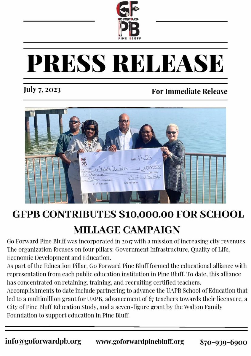 Go Forward Pine Bluff's Board of Directors approved a $10,000 contribution from private funds to the Pine Bluff School District Millage Campaign. They're calling on all fellow Zebras to join in making a positive difference at the ballot box on August 8. 

conta.cc/43lfSkf