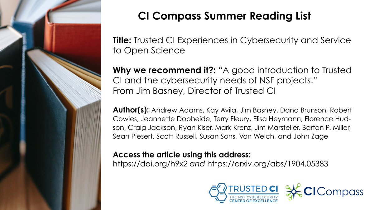 Our next Summer Reading List item is from <a href="/TrustedCI/">Trusted CI</a> Dir. Jim Basney. This article describes experiences &amp; lessons Trusted CI learned regarding both #cybersecurity for #openscience &amp; managing the process of providing centralized services.

Read the paper: arxiv.org/abs/1904.05383