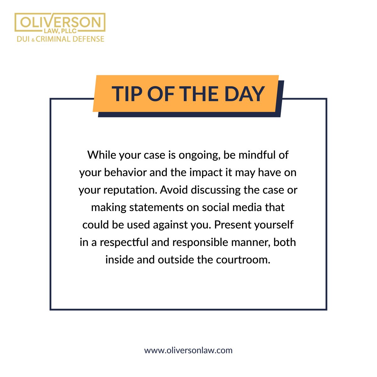 OliversonLaw's tweet image. 🔒 Tip of the Day: Protect Your Reputation during Your Case! 🤐💼
Mindful behavior matters. Avoid discussing your case online or making damaging statements. Oliverson Law provides expert guidance to safeguard your reputation.
#TipOfTheDay #ProtectYourReputation #OliversonLaw