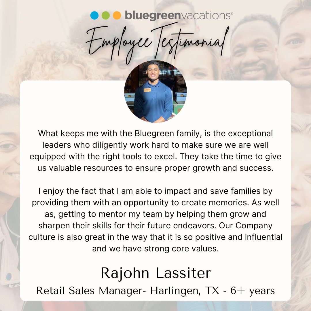 Our #TuesdayTestimonials are important to us because they give real insight from the team on what it's like to be a part of Bluegreen Vacations. 

Check it out 👀

#BluegreenVacations #ShareHappinessHere