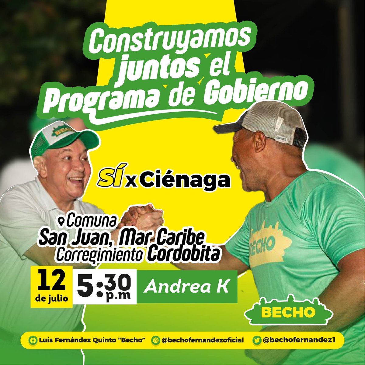 bechofernandez1's tweet photo. Se viene una nueva etapa en este proceso de Construir Juntos la Ciénaga que queremos 💛💚 Una hoja de ruta real acorde a las necesidades de nuestra gente. 

¡Te esperamos! https://t.co/njo1xTSW8t