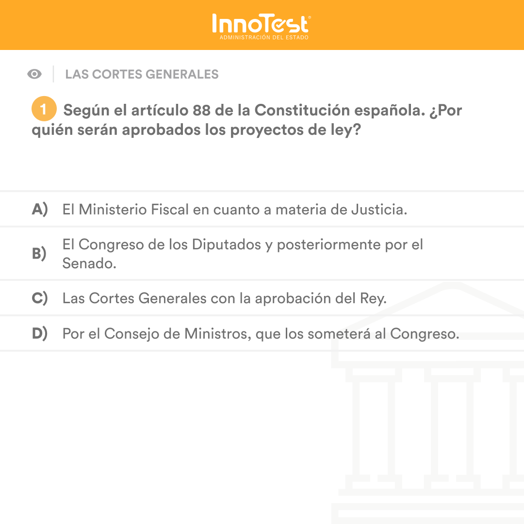 InnoTestES's tweet photo. ¡#InnoPregunta de la #AdministraciónGeneraldelEstado! 😉
Demuestra que controlas el temario respondiendo a esta pregunta sobre las Cortes Generales. 🤔 ¿Quién aprueba los proyectos de Ley, según la Constitución Española?
¡Deja tu respuesta y mañana publicamos la solución! 💬 https://t.co/HudsEwF9oq