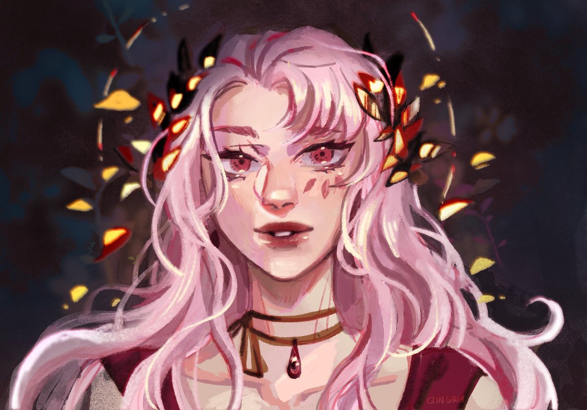 1girl pink hair solo laurel crown long hair portrait red eyes  illustration images