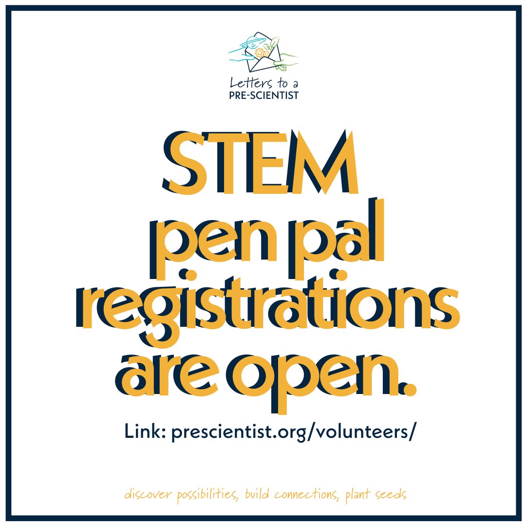 📝Program Update: #Stempenpal registrations are officially open! If you're a #Stem professional looking to make impact in the life of one of our amazing #prescientists than this opportunity is for you!🎉 For more information and to register use this link: prescientist.org/volunteers/