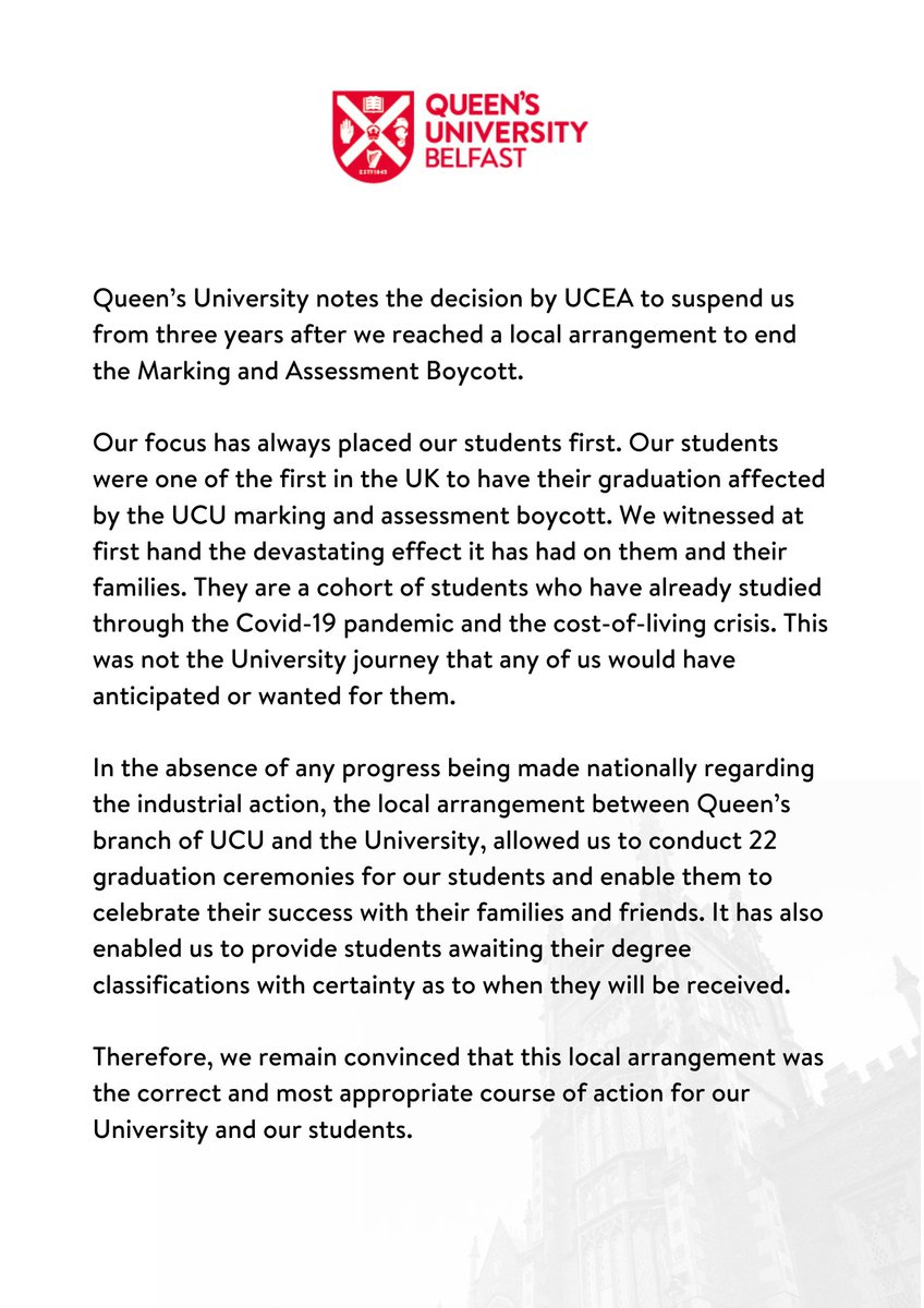 We note the decision by <a href="/UCEA1/">UCEA</a> to suspend us after we reached a local arrangement to end the Marking and Assessment Boycott.

Our focus has always placed our students first and we remain convinced that this local arrangement was the correct and most appropriate course of action