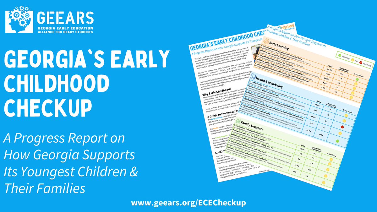 GEEARS's tweet photo. For more than a decade, GEEARS has been a trusted resource for early childhood data. In that spirit, we’re launching the Early Childhood Checkup today! This quick, digestible reference will help policymakers, community leaders, and others see how well our state is meeting the needs of our youngest children and their families. Check it out here! https://t.co/XUne9pYABg