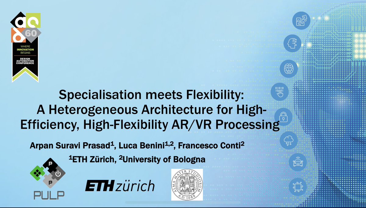 arunax's tweet photo. In 1.5h (10.30 PDT) at #dac23 Arpan Prasad is going to present our work together with @LucaBeniniZhFe and myself on ArchiMEDES, a @pulp_platform #heterogeneous architecture for #ar/#vr applications. Only the start of a journey, but what a start!!! 🕶️ https://t.co/JZO1WnXn6I