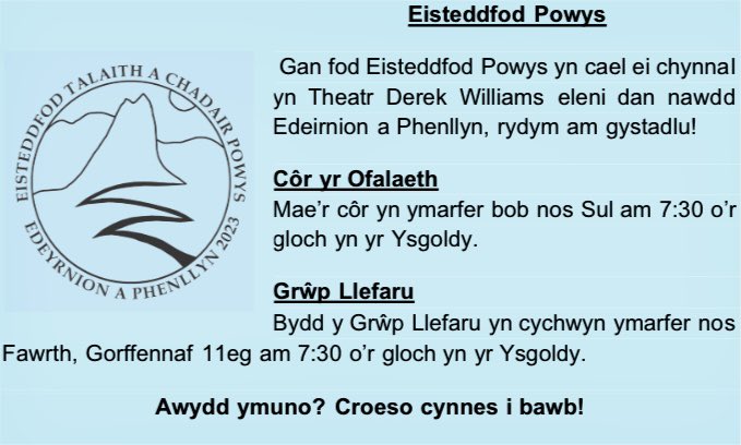 Eisteddfod Powys 2023

🎶Mae Côr yr Ofalaeth bellach yn ymarfer pob nos Sul yn yr Ysgoldy am 7:30. Awydd ymuno? Yna mae croeso cynnes i chi ddod nos Sul.

📖Hefyd, mae Gwenfair Jones yn paratoi Parti Llefaru. Mae’r ymarfer cyntaf HENO am 7:30 yn yr YSGOLDY. Croeso cynnes i bawb!