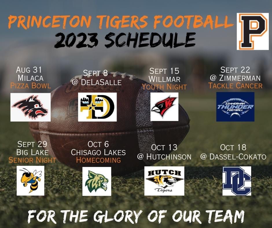 PHSFootballMN's tweet photo. Princeton Tigers Football 2023 schedule! Let’s go! 
@PrincetonHS @PHSTigersMN https://t.co/gvVYUox14e