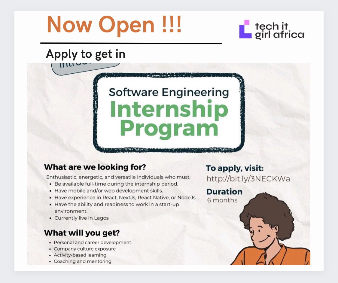 techwithher_a's tweet image. Healthtracka Software Engineering Internship Program 

The 6-month program will give you an opportunity to work on different solutions and develop scalable products. 

Apply bit.ly/3NECKWa

#techitgirlafrica #tech #internship #Opportunities #SoftwareEngineering