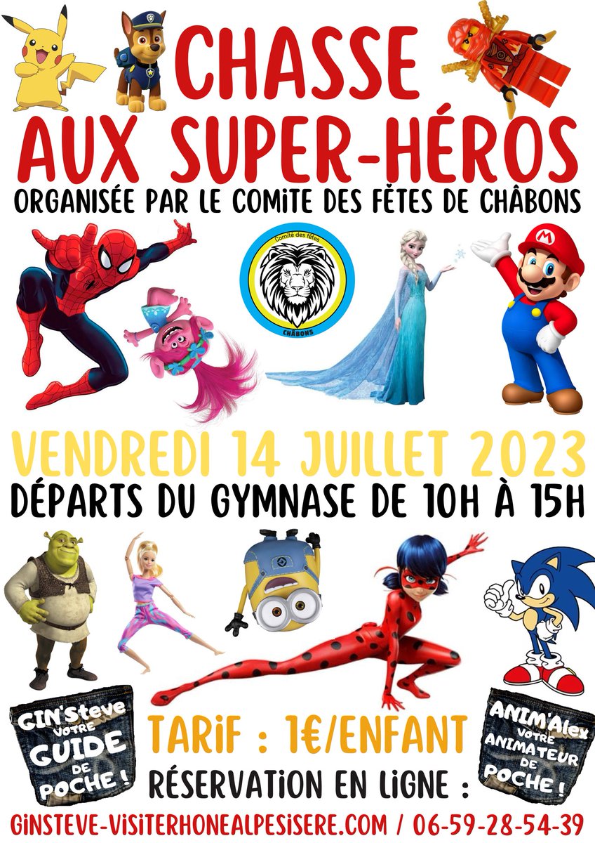 Prochain gros événement : 
notre grande Chasse aux #superheros pour la Fête de Village de #chabons pour le #14juillet !

Sur réservation via ma billetterie en ligne.

#animation #jeudepiste #enfamille 
#isere #enfants 
#ginstevevotreguidedepoche