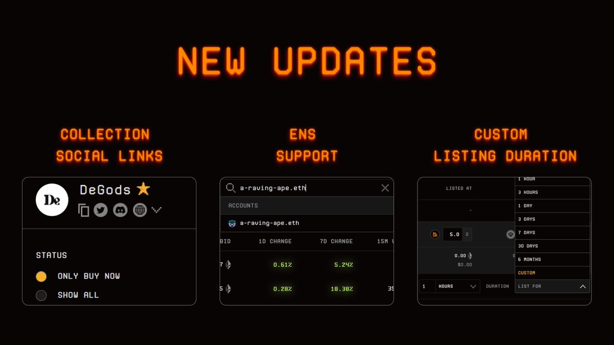 🚨NEW UPDATES🚨

We recently added support for viewing and searching accounts by ENS, collection social links and custom listing duration.