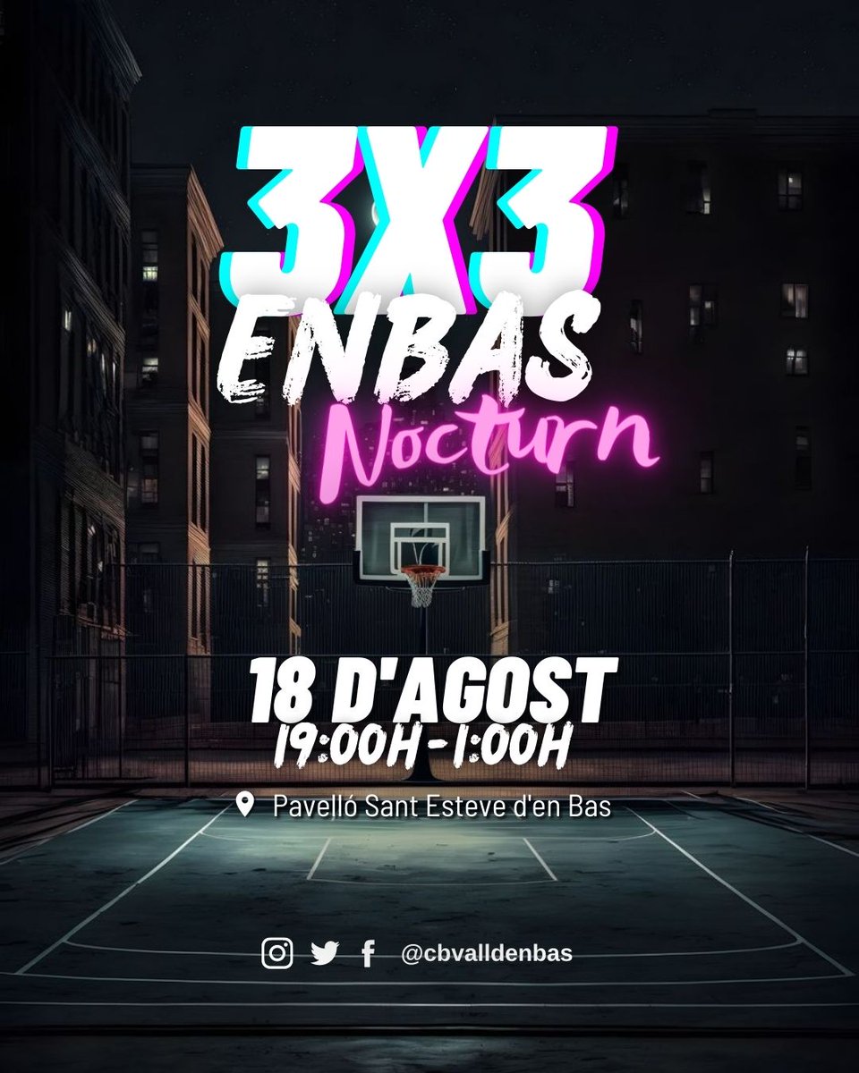 cbvalldenbas's tweet photo. 🏀 𝟯𝗫𝟯 𝗘𝗡𝗕𝗔𝗦 🏀

💥 Aquest estiu us portem una novetat! 

📢 El divendres 𝟭𝟴 𝗱'𝗮𝗴𝗼𝘀𝘁 organitzem un 3x3 nocturn al pavelló d'en Bas!

💰 Preu 15€ (inclou participació al torneig, entrepà i refresc)

👇 Inscripcions al següent enllaç
https://t.co/SBGA6gRuvD https://t.co/gJ7JSudbfE