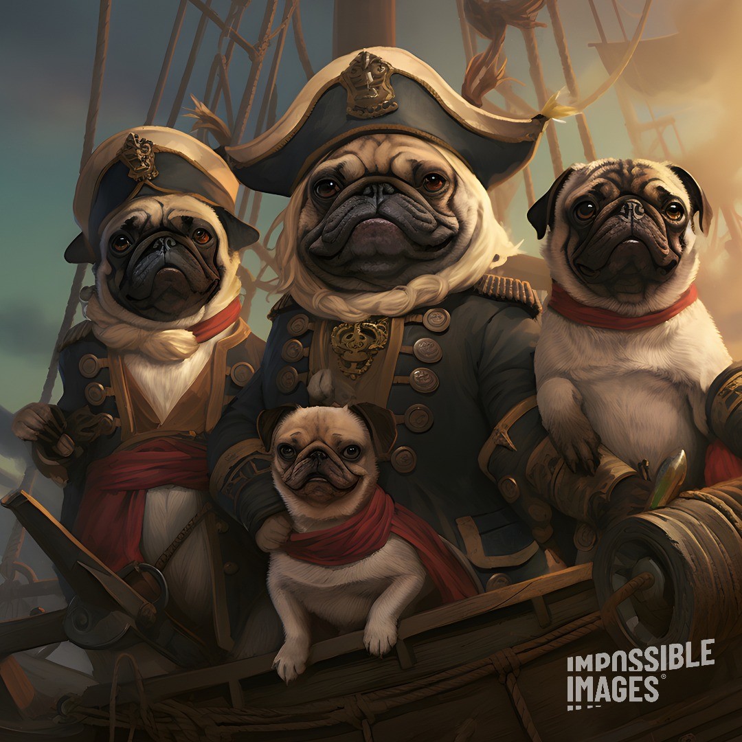 You never know when you might need an oil painting of a group of #pug #pirates, but when you do, you know where to go to get it!

#aiimage
#midjourney 
#aiart 
#pugspugspugs 
#dogs