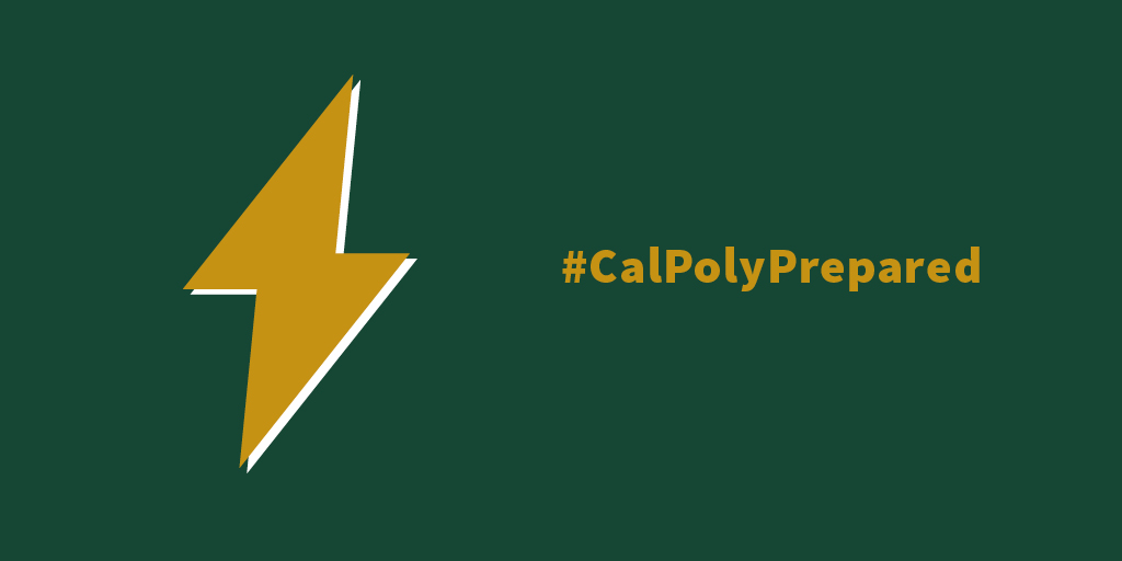 CalPolyDEM's tweet photo. Power outages across the state are a major issue. If a power outage occurs, make sure to unplug all non-surge protected electrical equipment and turn off light switches when not needed.
#CalPolyPrepared https://t.co/MifyvTbwQC