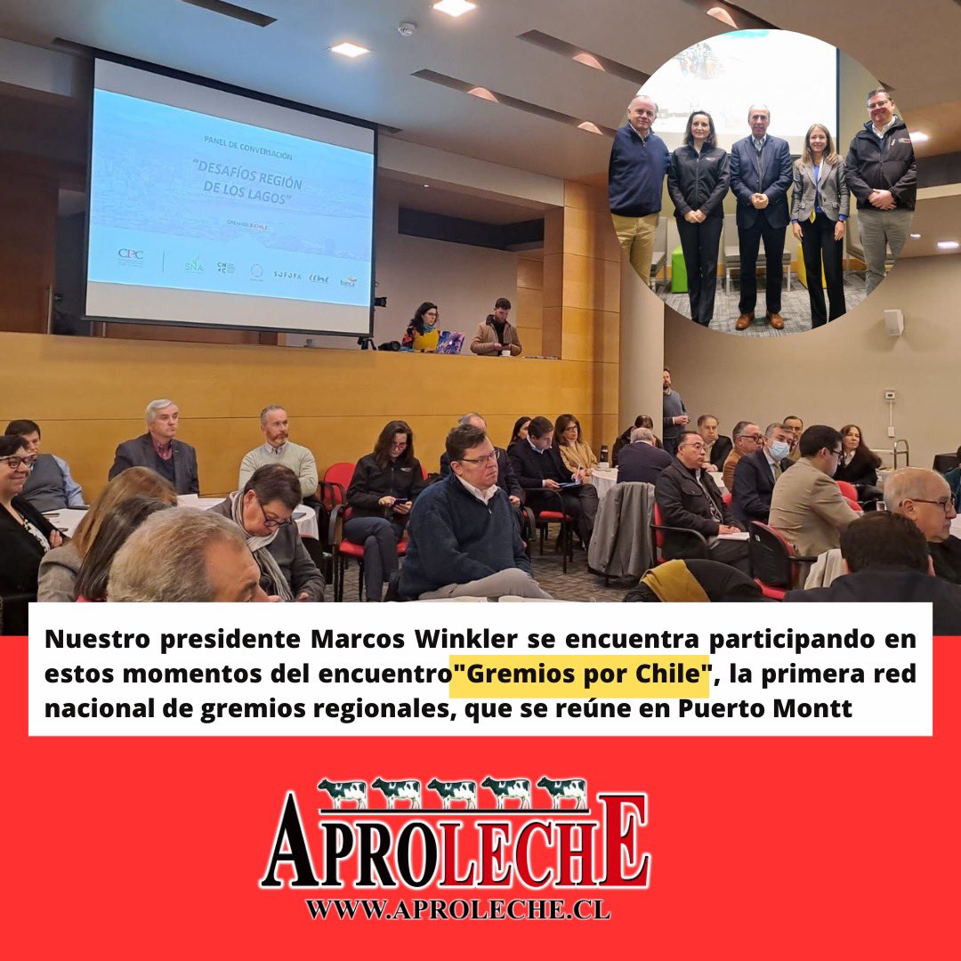 ✅ Nuestro presidente Marcos Winkler se encuentra participando en estos momentos del encuentro "Gremios por Chile", la primera red nacional de gremios regionales, que se reúne en Puerto Montt.

#yotomoleche 🥛