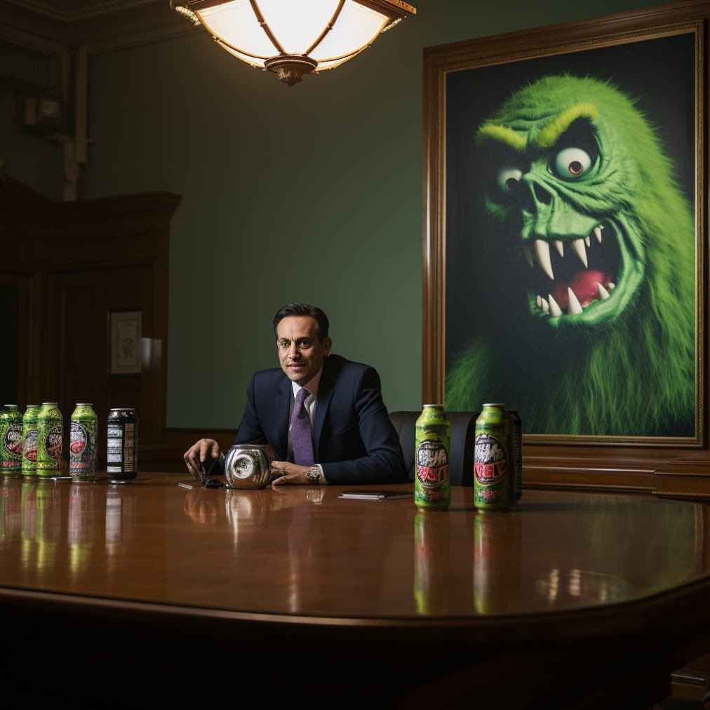 JeffJacksonNC's tweet image. I’m not allowed to use pictures from committee rooms, so to give you a sense of the experience, I asked A.I. to create an image of “a male politician in a committee room holding a can of Monster Energy.”

Here’s the glorious image it produced: