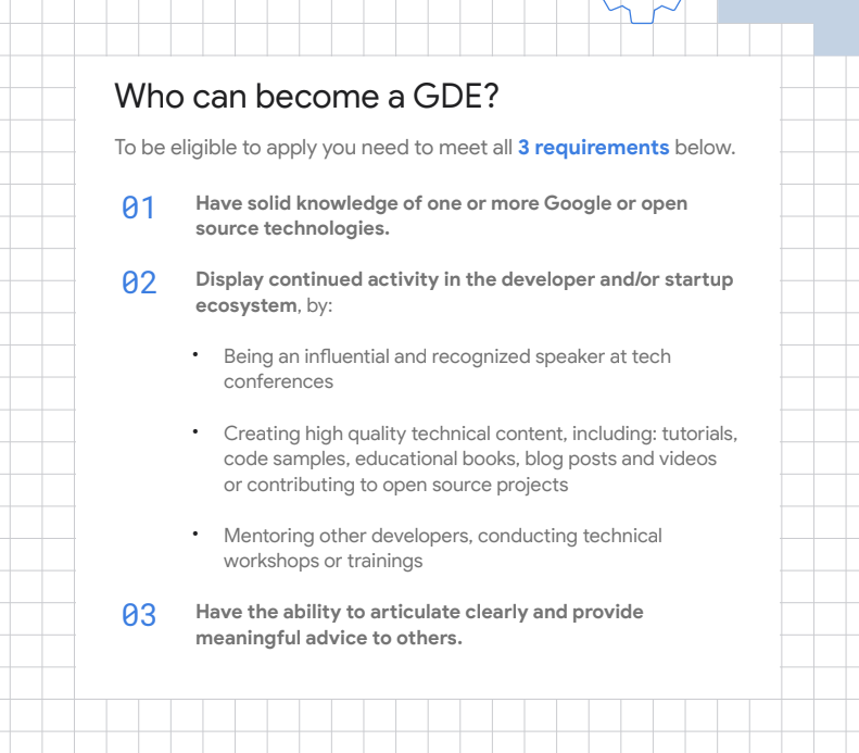 What do GDEs do at I/O, DevFest, and local events?

Learn 💡
Network 🤝
Share their expertise 🎤

And help devs begin the process of becoming a GDE by referring them to the program! Check out the criteria → goo.gle/3NKcn2l