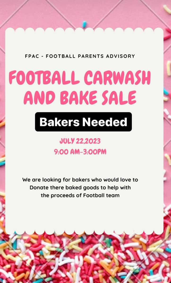 MsTBray's tweet image. It’s that time of year Football 🏈 season is fast approaching FPAC is hosting our yearly car wash. We are looking for Bakers who would love to donate there amazing sweat treats.