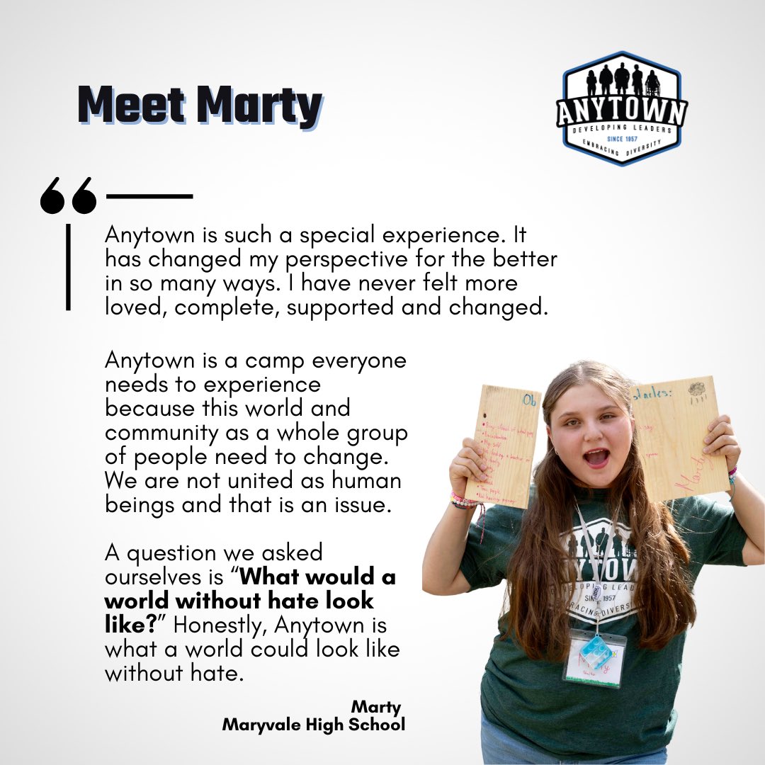 AnytownCamp's tweet photo. 2023 delegates have a lot to say about Anytown Leadership Camp! We can’t wait for Anytown 2024 and will be announcing camp dates soon! In the meantime, Meet Marty!

#WeAreAnytown #PeopleofAnytown #WorldWithoutHate https://t.co/2hP8Py3yTr