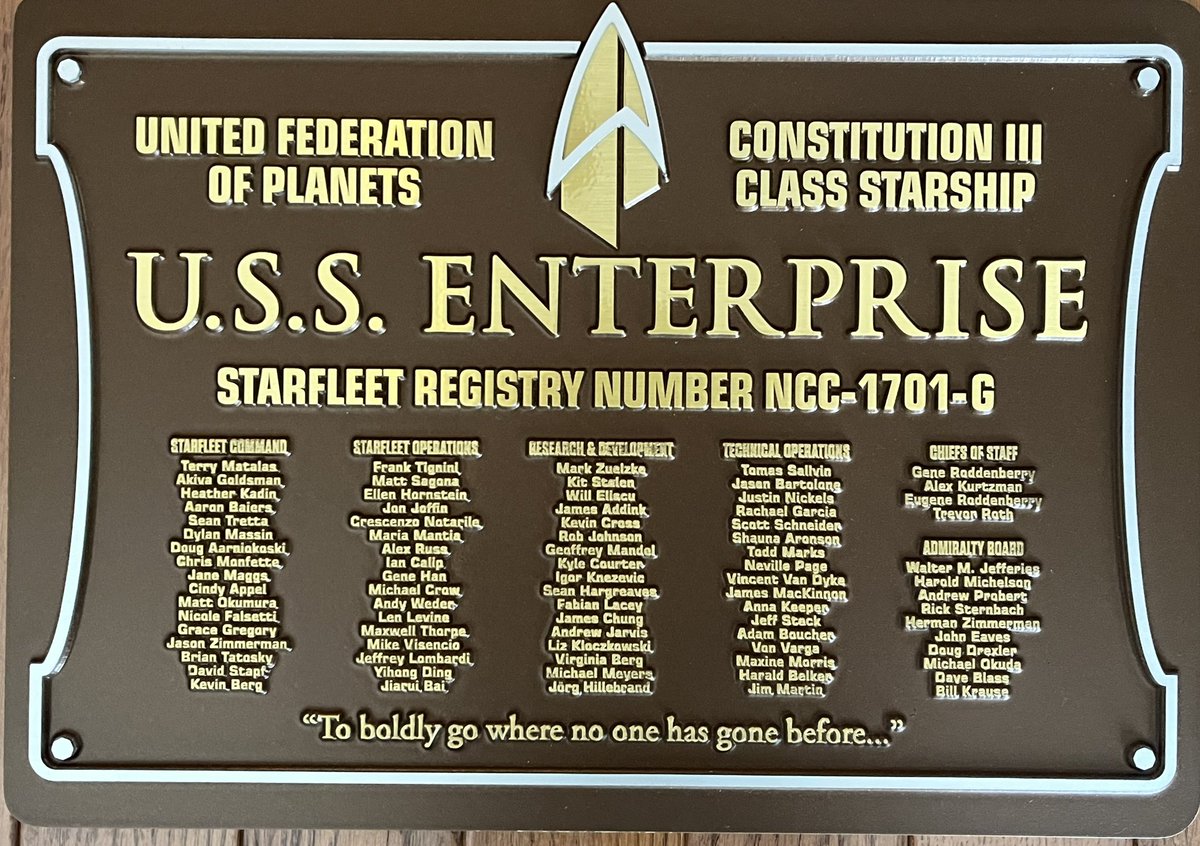 DaveBlass's tweet photo. Just for clarification as there has been several fan made version floating around.  This is the REAL plaque.  Some changes were made from the USS Titan version https://t.co/az7S19fPfN