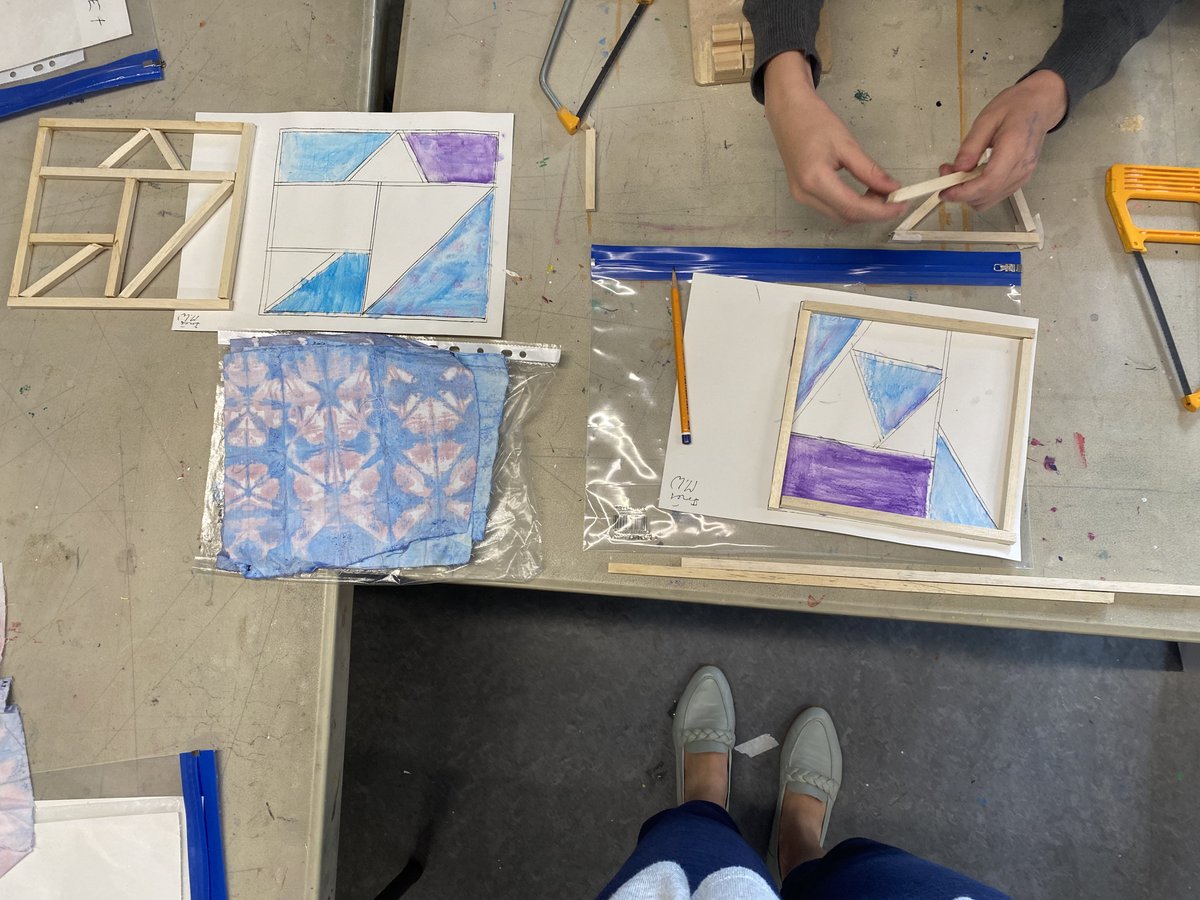 RPPS_Art's tweet photo. How can you put your measuring skills to use? The Design Club summer term project resulted in unique work having #CraigKauffman as a main reference. His constructed paintings led to geometrical experimentations with a touch of #wabisabi. #wood #tiedye #textile #RPPSDesign https://t.co/t7Euttm8bc