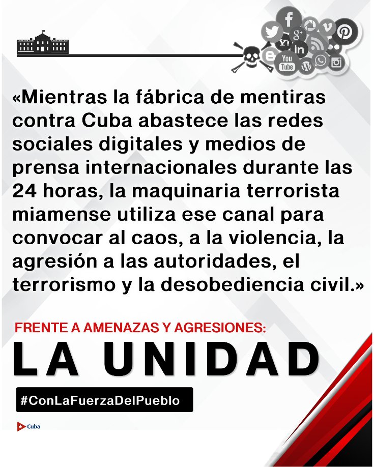 Frente a las amenazas y agresiones #Cuba 🇨🇺 siempre pondrá por delante la unidad #ConLaFuerzaDelPueblo. #ConTodosLaVictoria 💪