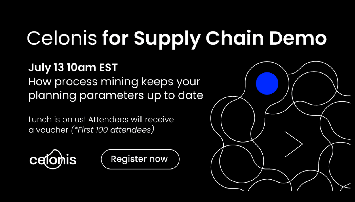 From our friends at <a href="/celonis/">Celonis</a> - Discover the easy way to optimize supply chain planning; join this live demo on July 13th.  #ProcessMining #InventoryManagement #SupplyChain #SupplyChainPlanning #tech #planning  buff.ly/3pEvgdW