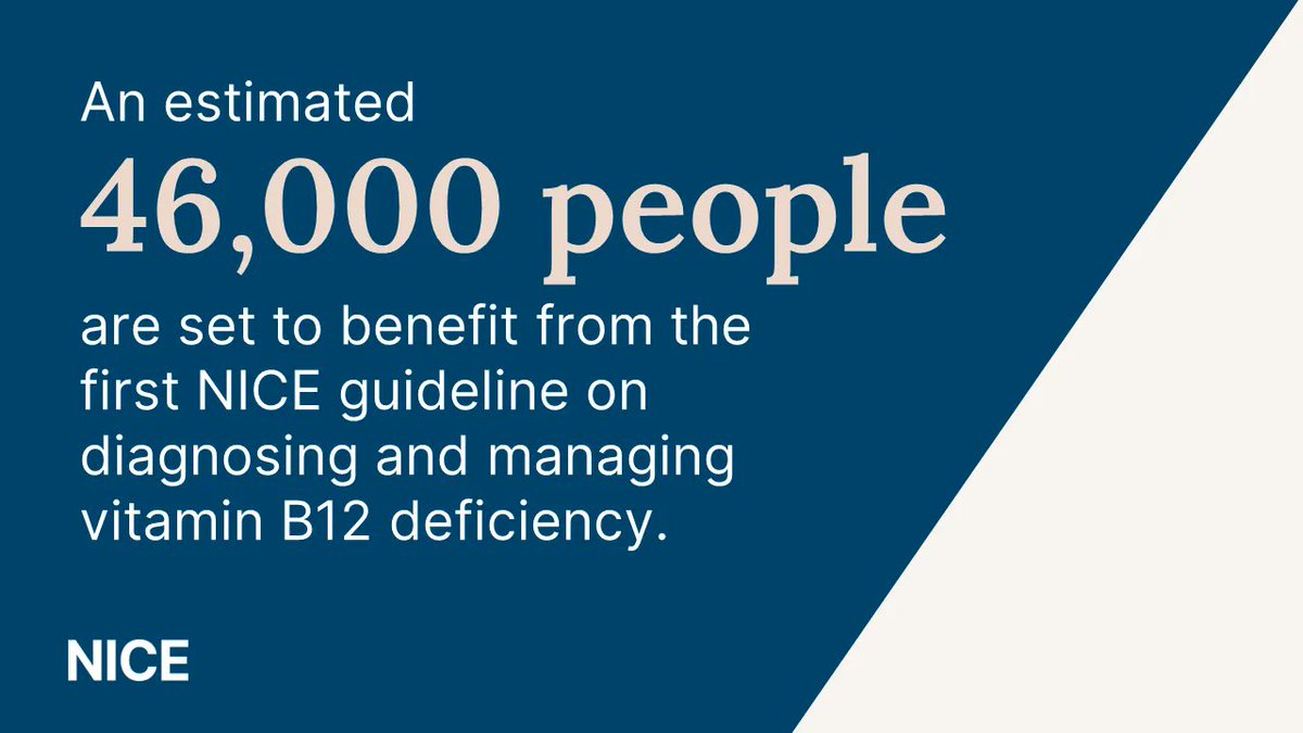 Our first guideline for vitamin B12 deficiency offers useful and useable guidance on how to diagnose the condition in primary care and which treatment option to use.

Left untreated, it can lead to a number of health complications.

Learn more: nice.org.uk/guidance/indev… #NICENews
